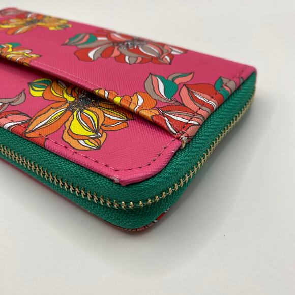 Trina Turk Floral Zip Around‎ Wallet Clutch Hot Pink Kelly Green Cottagecore NWT - Picture 3 of 6